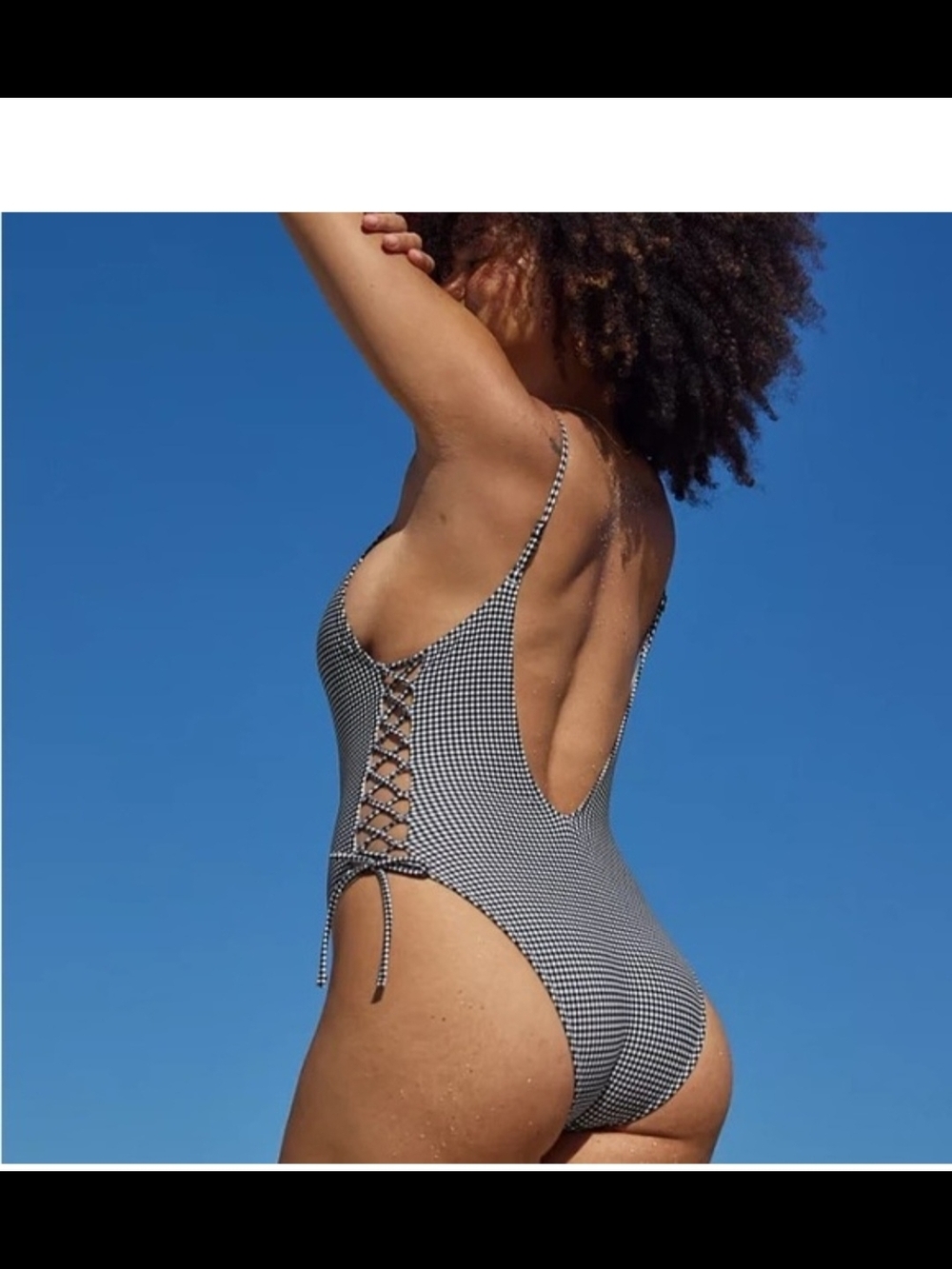 aerie Black and White Gingham Lace-Up One-Piece Swimsuit